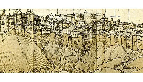 Zeichnung aus dem Jahr 1562 der muslimischen Stadtmauer 